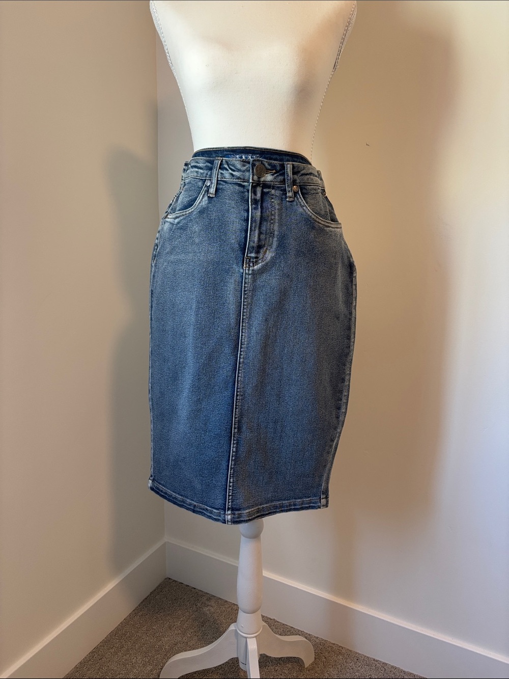 High-Rise Blue Denim Pencil Skirt - Women's